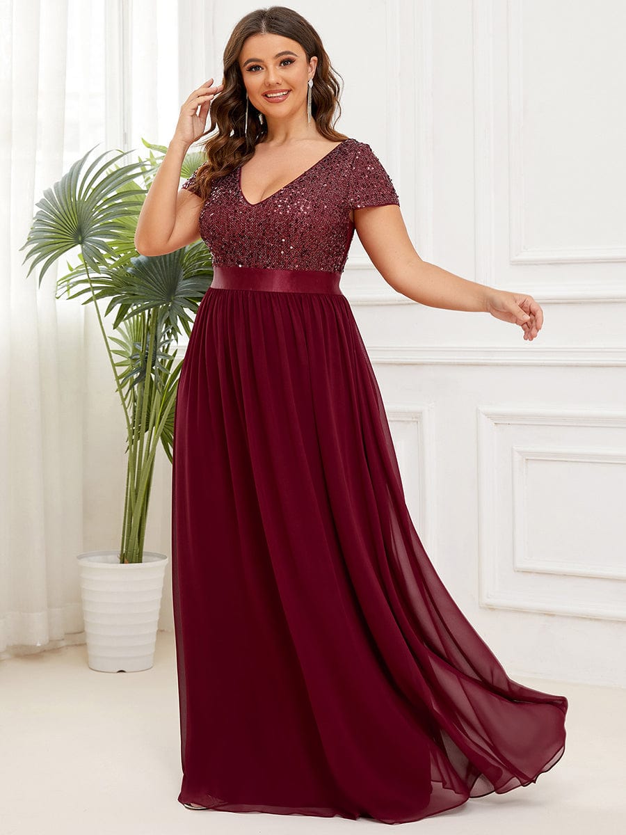 Deep V Neck Plus Size Evening Dress with Short Sleeves - Image 14