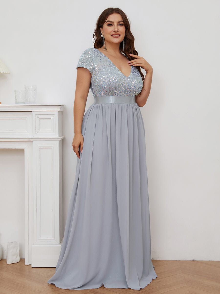 Deep V Neck Plus Size Evening Dress with Short Sleeves - Image 5