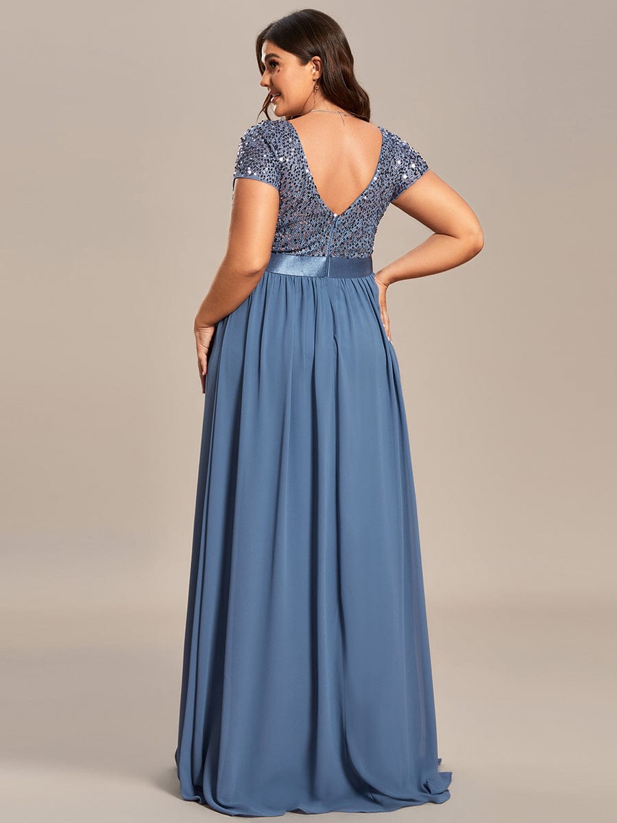 Deep V Neck Plus Size Evening Dress with Short Sleeves - Image 18