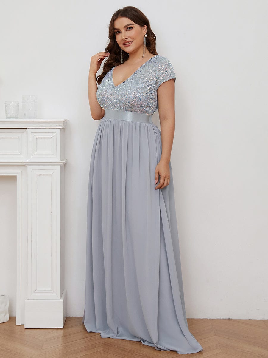 Deep V Neck Plus Size Evening Dress with Short Sleeves - Image 3