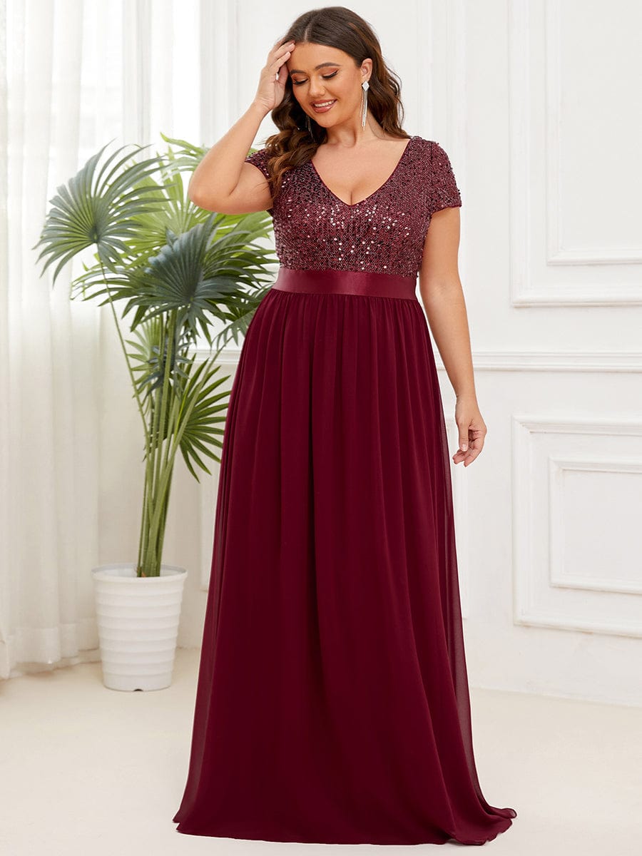Deep V Neck Plus Size Evening Dress with Short Sleeves - Image 12