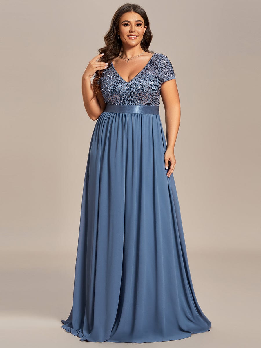 Deep V Neck Plus Size Evening Dress with Short Sleeves - Image 17