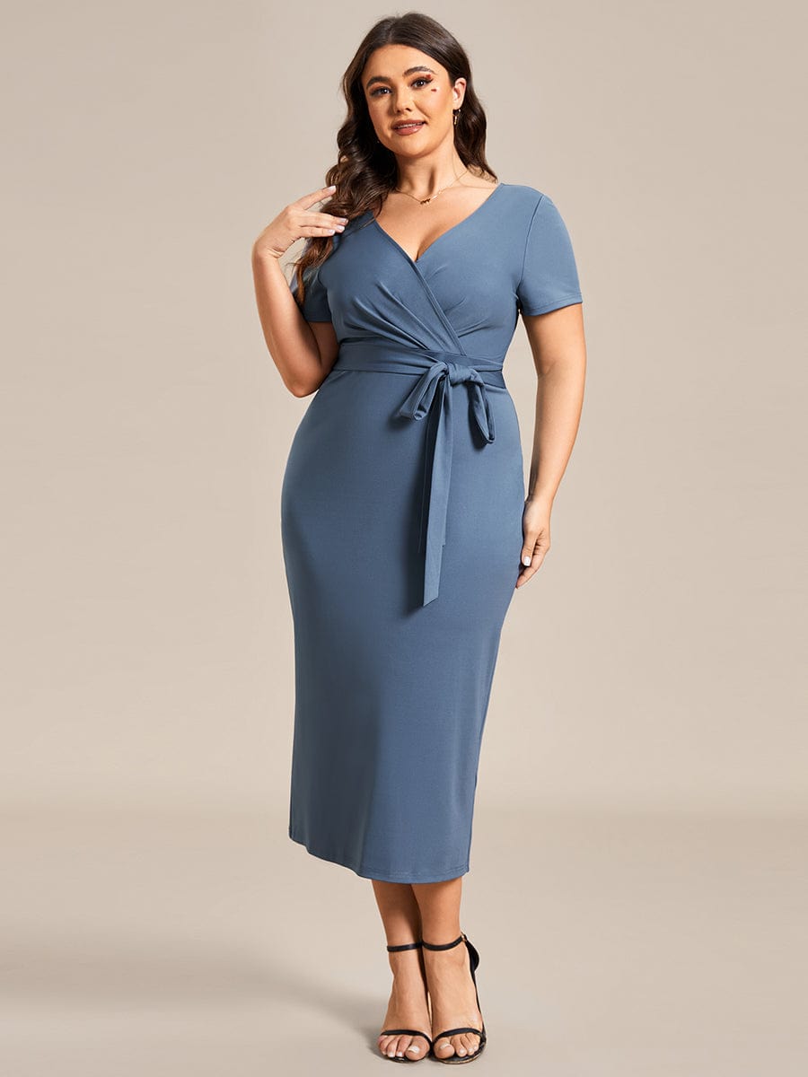 Deep V Neck Short Sleeve Cocktail Dress with Belt for Plus Sizes - Image 30
