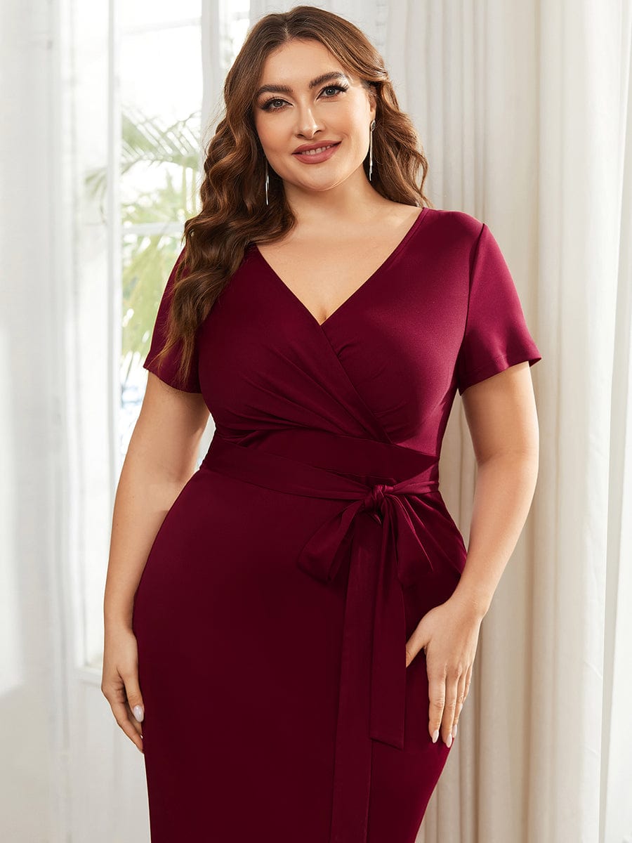 Deep V Neck Short Sleeve Cocktail Dress with Belt for Plus Sizes - Image 5