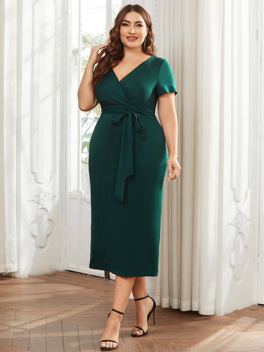 Deep V Neck Short Sleeve Cocktail Dress with Belt for Plus Sizes - Image 18
