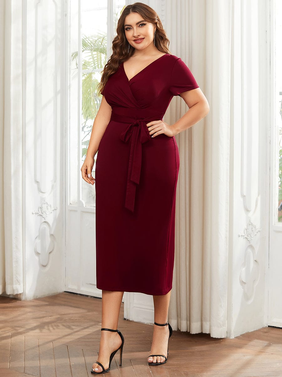 Deep V Neck Short Sleeve Cocktail Dress with Belt for Plus Sizes - Image 3