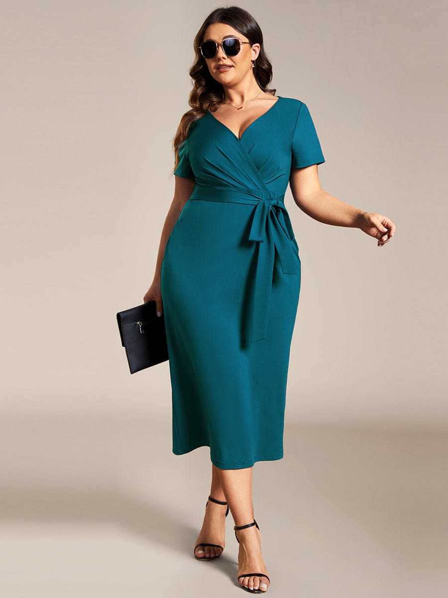 Deep V Neck Short Sleeve Cocktail Dress with Belt for Plus Sizes - Image 23