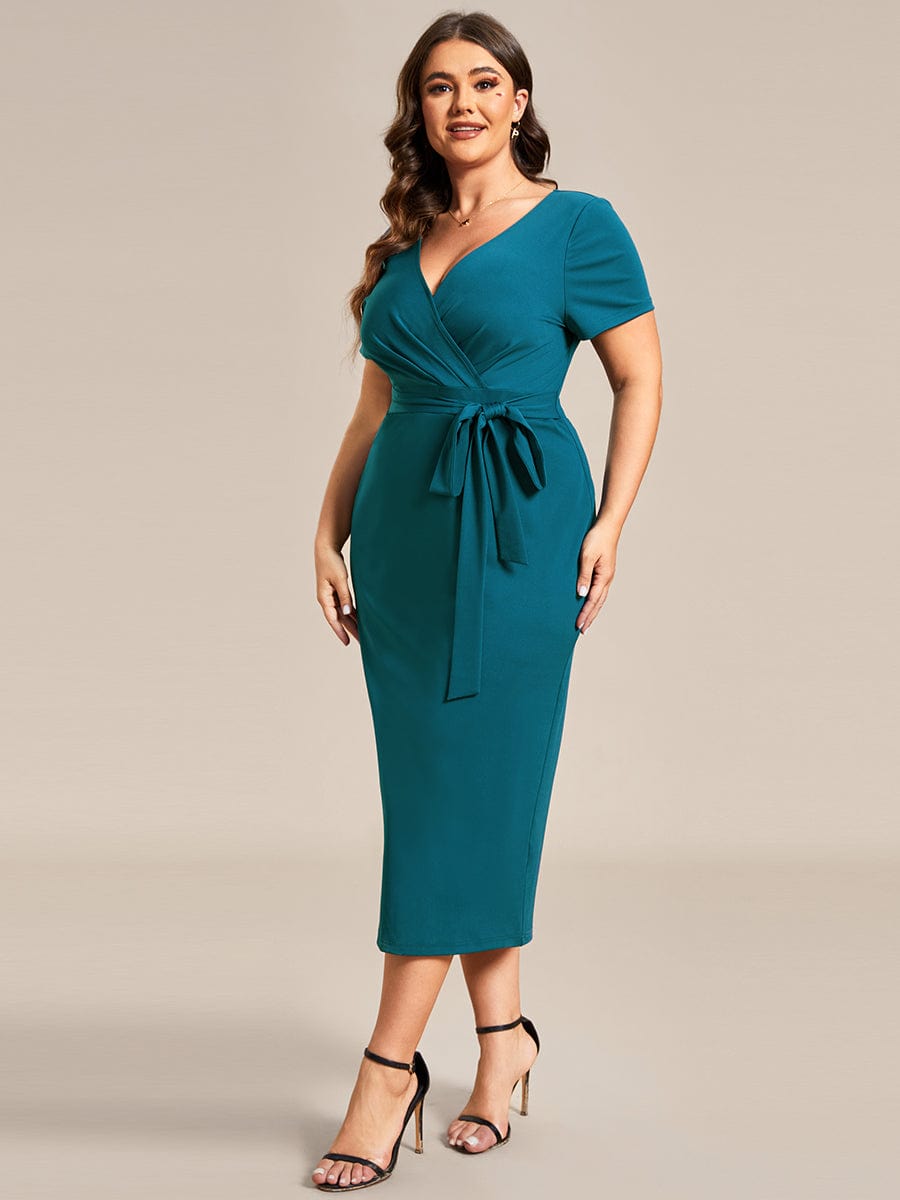 Deep V Neck Short Sleeve Cocktail Dress with Belt for Plus Sizes - Image 33