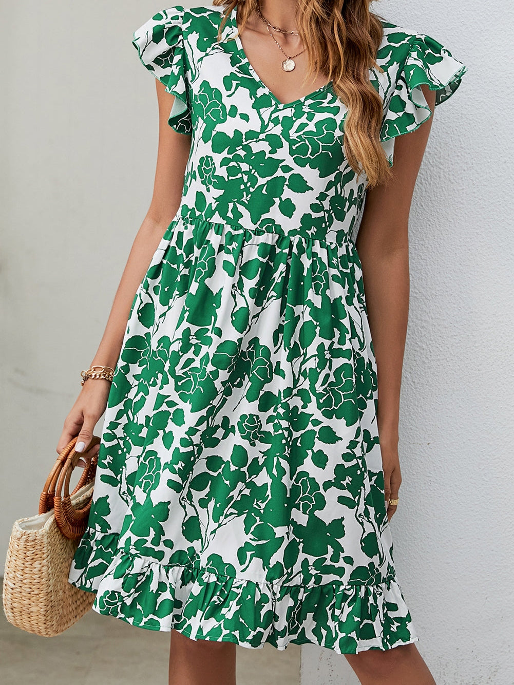 Bohemian Leaf Print Loose Pleated V-Neck Mini Dress with Fashionable Style - Image 5