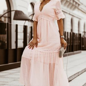 Solid Color V Neck Tie Half Sleeve Casual Dress