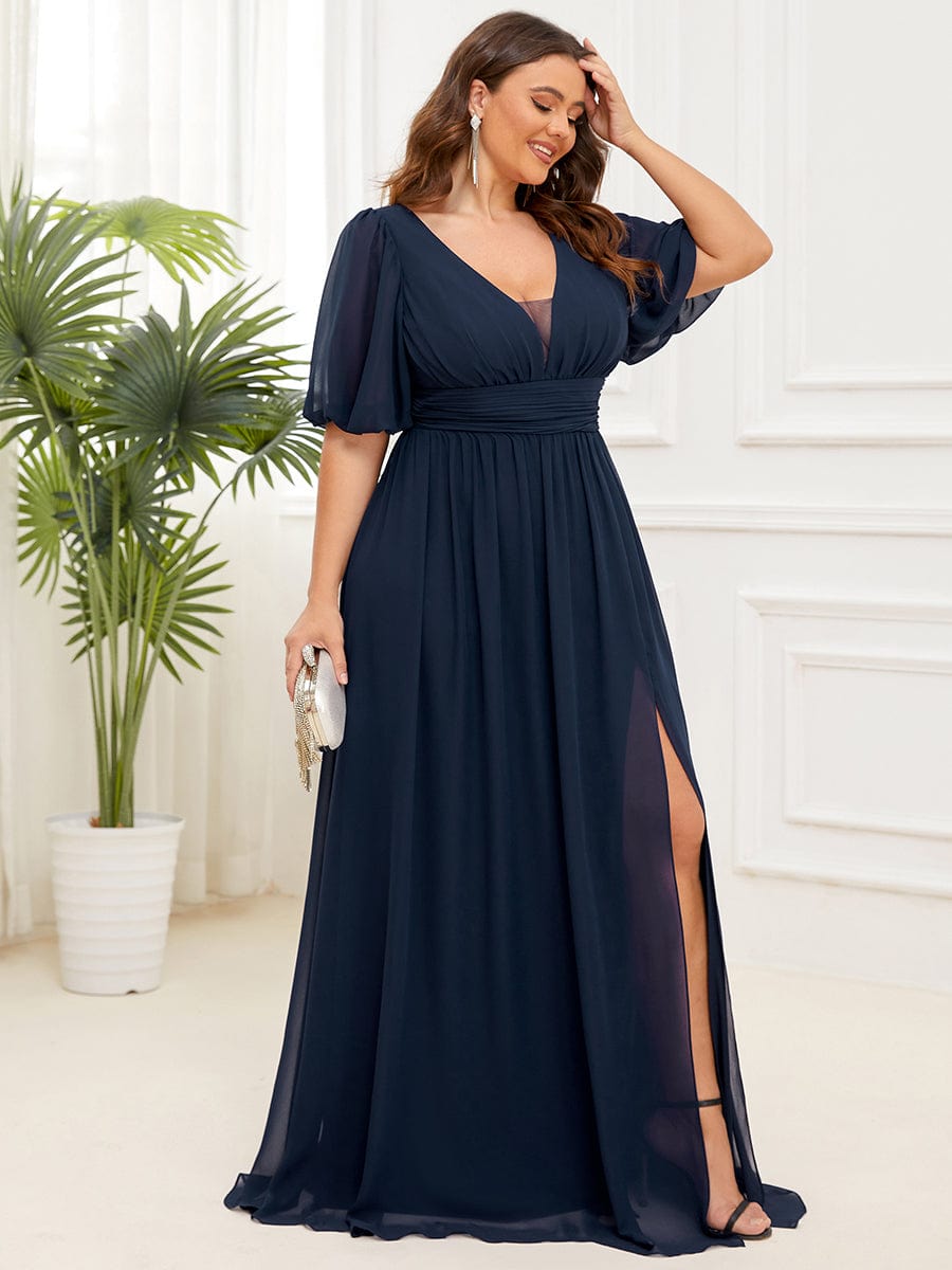 Elegant Deep V-Neck A-Line Bridesmaid Dress with Half Puff Sleeves - Image 9