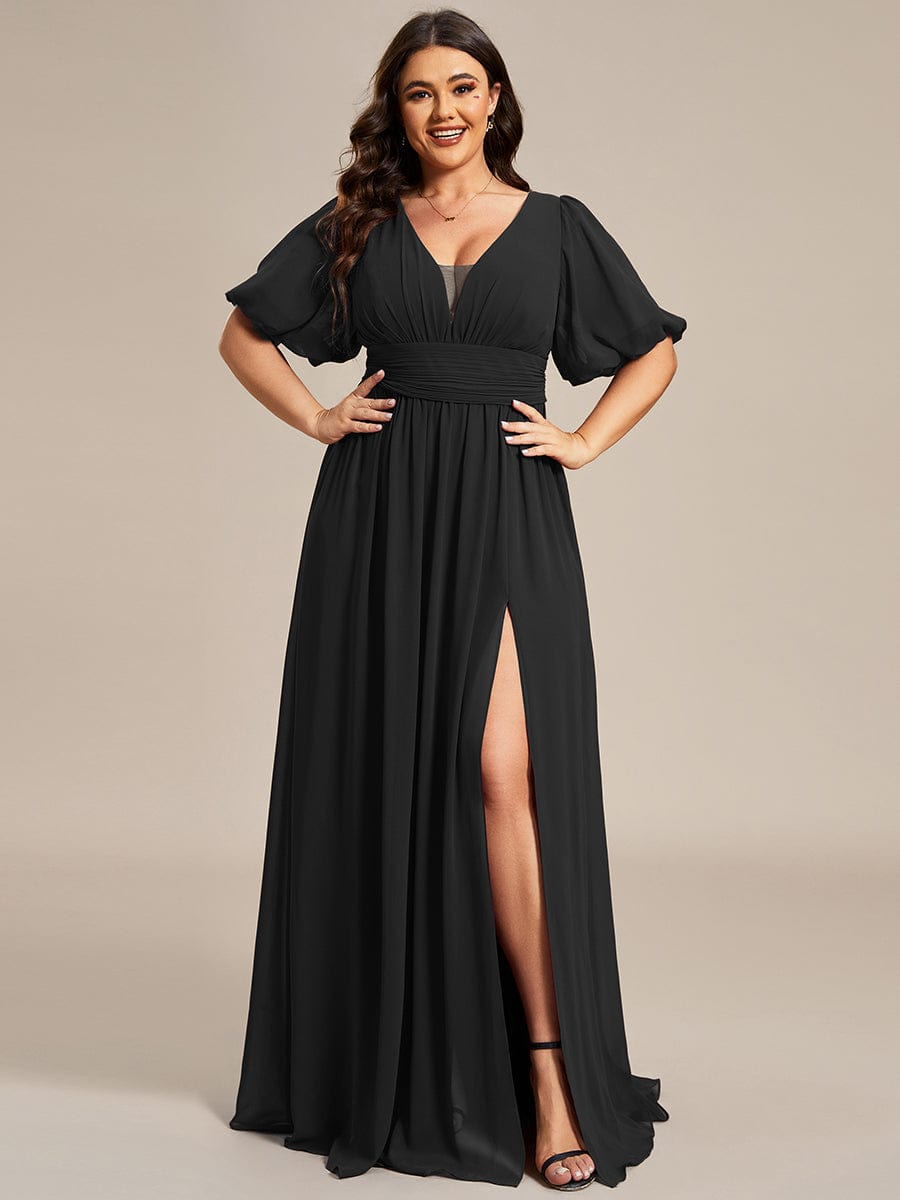 Elegant Deep V-Neck A-Line Bridesmaid Dress with Half Puff Sleeves - Image 11