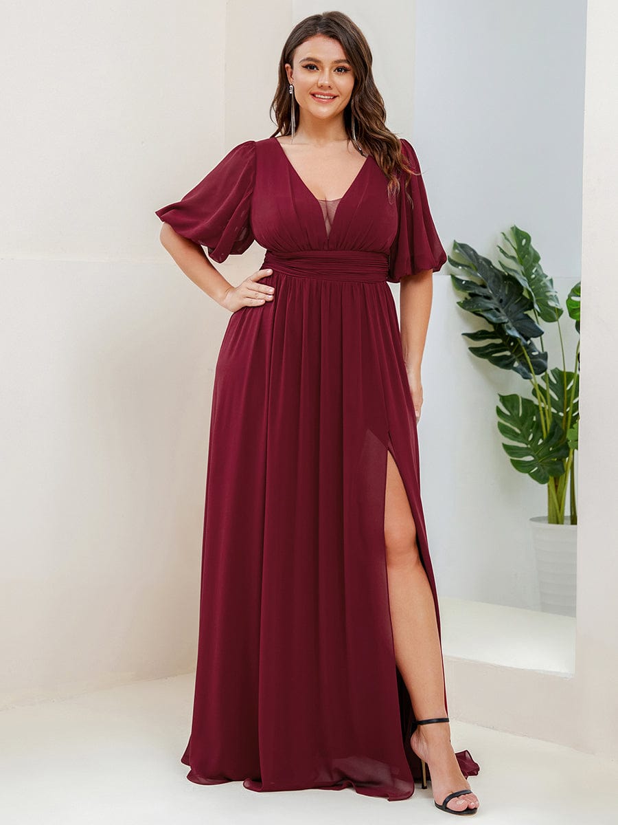 Elegant Deep V-Neck A-Line Bridesmaid Dress with Half Puff Sleeves