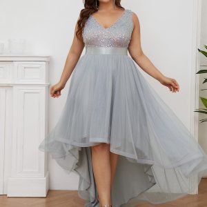 Elegant Glittery Plus Size Evening Dress with Chic Asymmetrical Deep V-Neck Hem