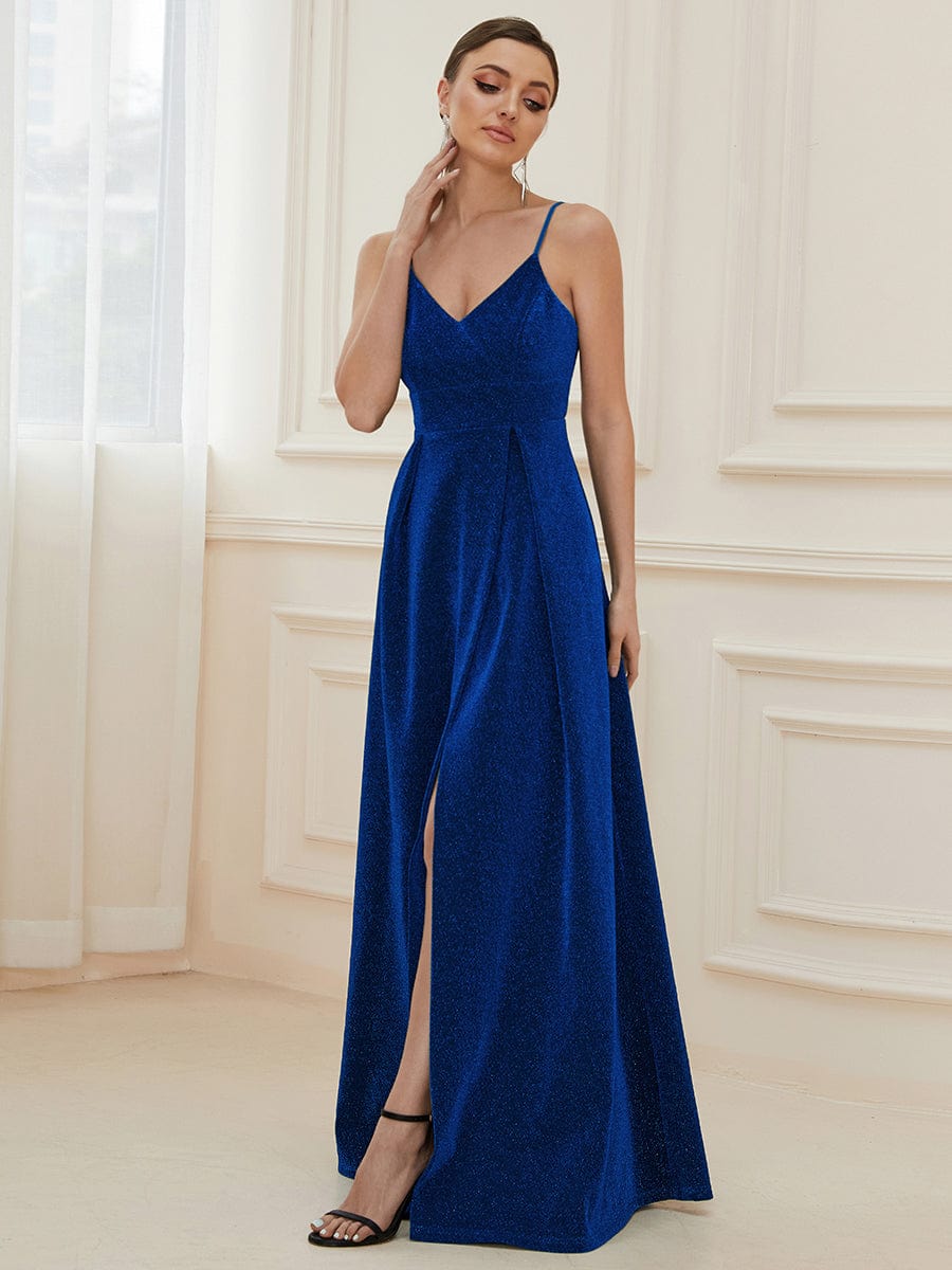 Elegant Pleated Spaghetti Strap Evening Gown - Image 37