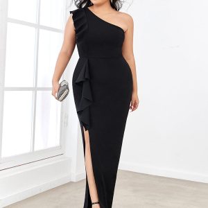 Elegant Plus Size Asymmetrical Shoulder Pencil Cocktail Gowns