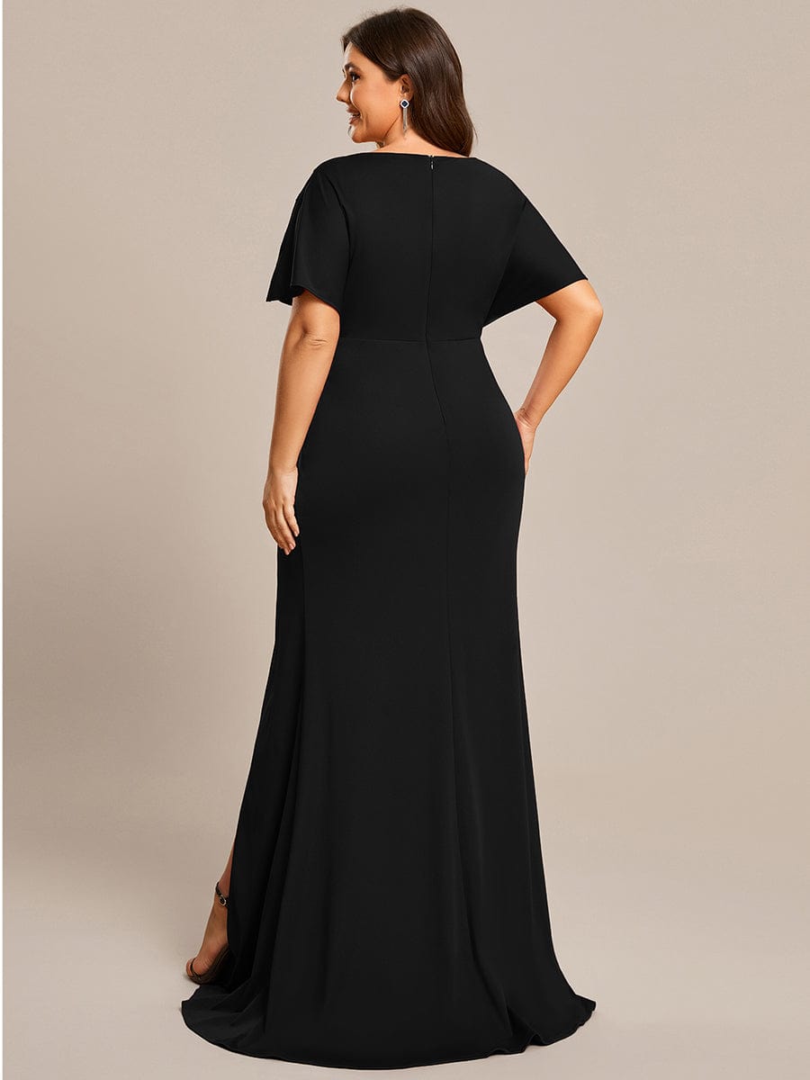 Elegant Plus Size Deep V-Neck Pleated Evening Gown with High Split - Image 13