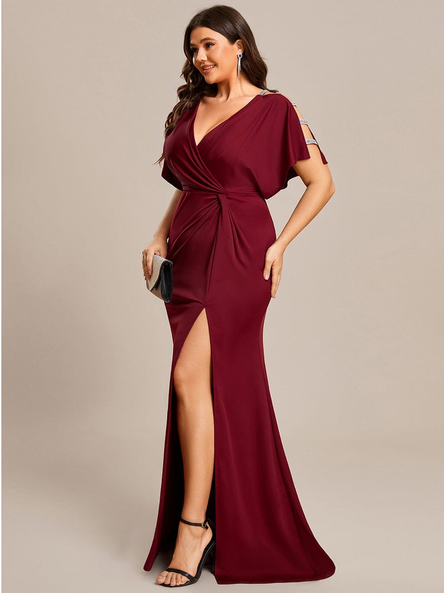 Elegant Plus Size Deep V-Neck Pleated Evening Gown with High Split - Image 6