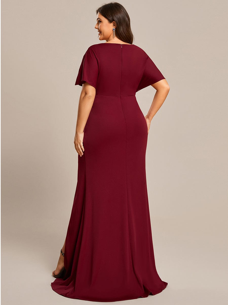 Elegant Plus Size Deep V-Neck Pleated Evening Gown with High Split - Image 4