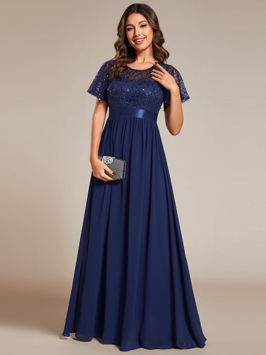Elegant Sequin Embellished Chiffon Evening Gown with High Waist and Short Sleeves - Image 5