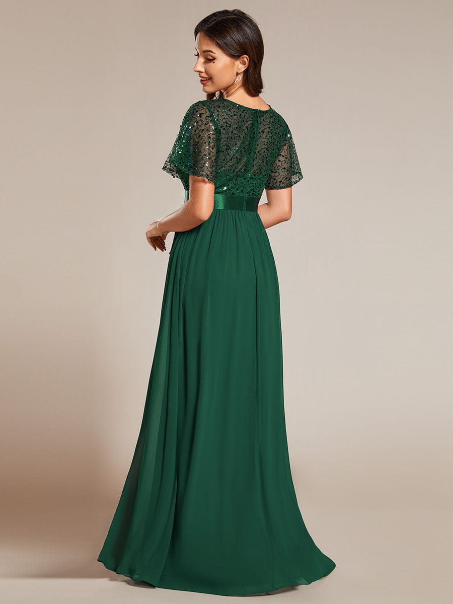 Elegant Sequin Embellished Chiffon Evening Gown with High Waist and Short Sleeves - Image 12