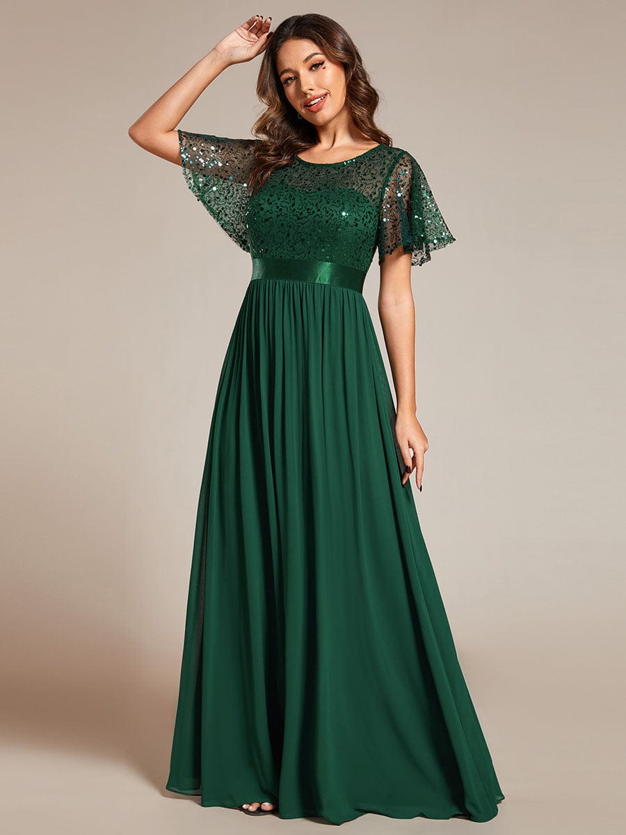 Elegant Sequin Embellished Chiffon Evening Gown with High Waist and Short Sleeves - Image 14