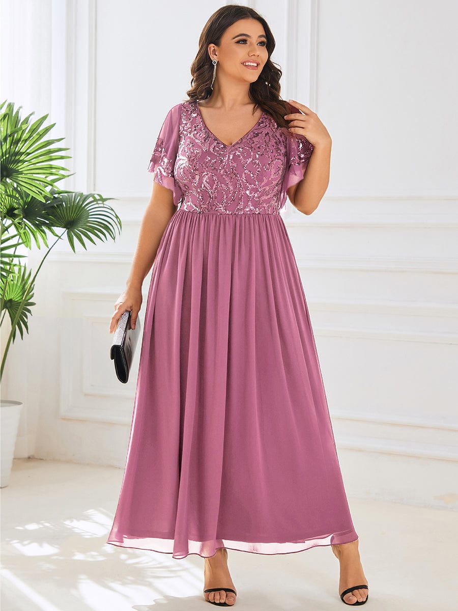 Elegant V Neck Mother of the Bride Dress with Ruffles Sleeves - Image 14