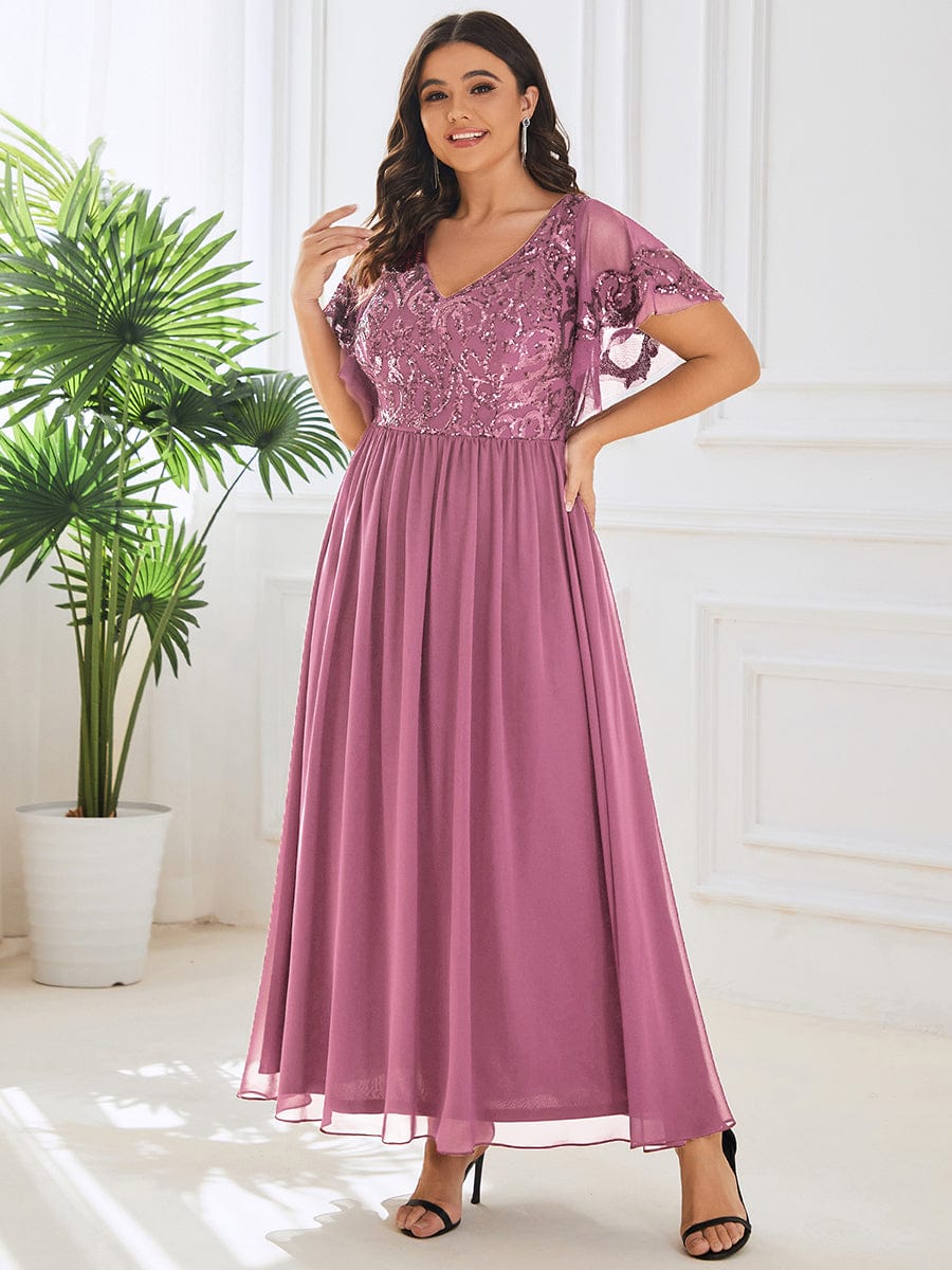 Elegant V Neck Mother of the Bride Dress with Ruffles Sleeves - Image 11