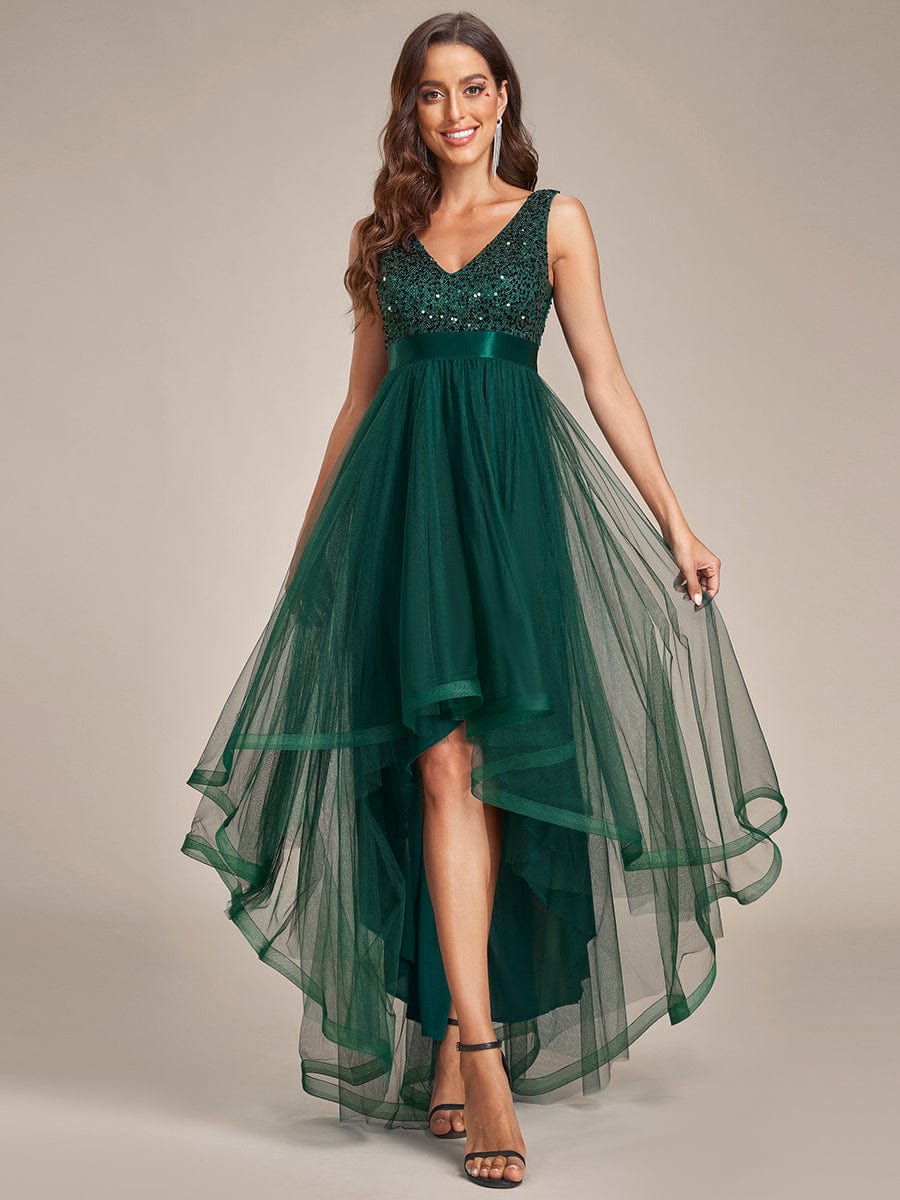 Evening Elegance: Sleeveless Sparkling Dress with Deep V Neck & Asymmetrical Hem - Image 5