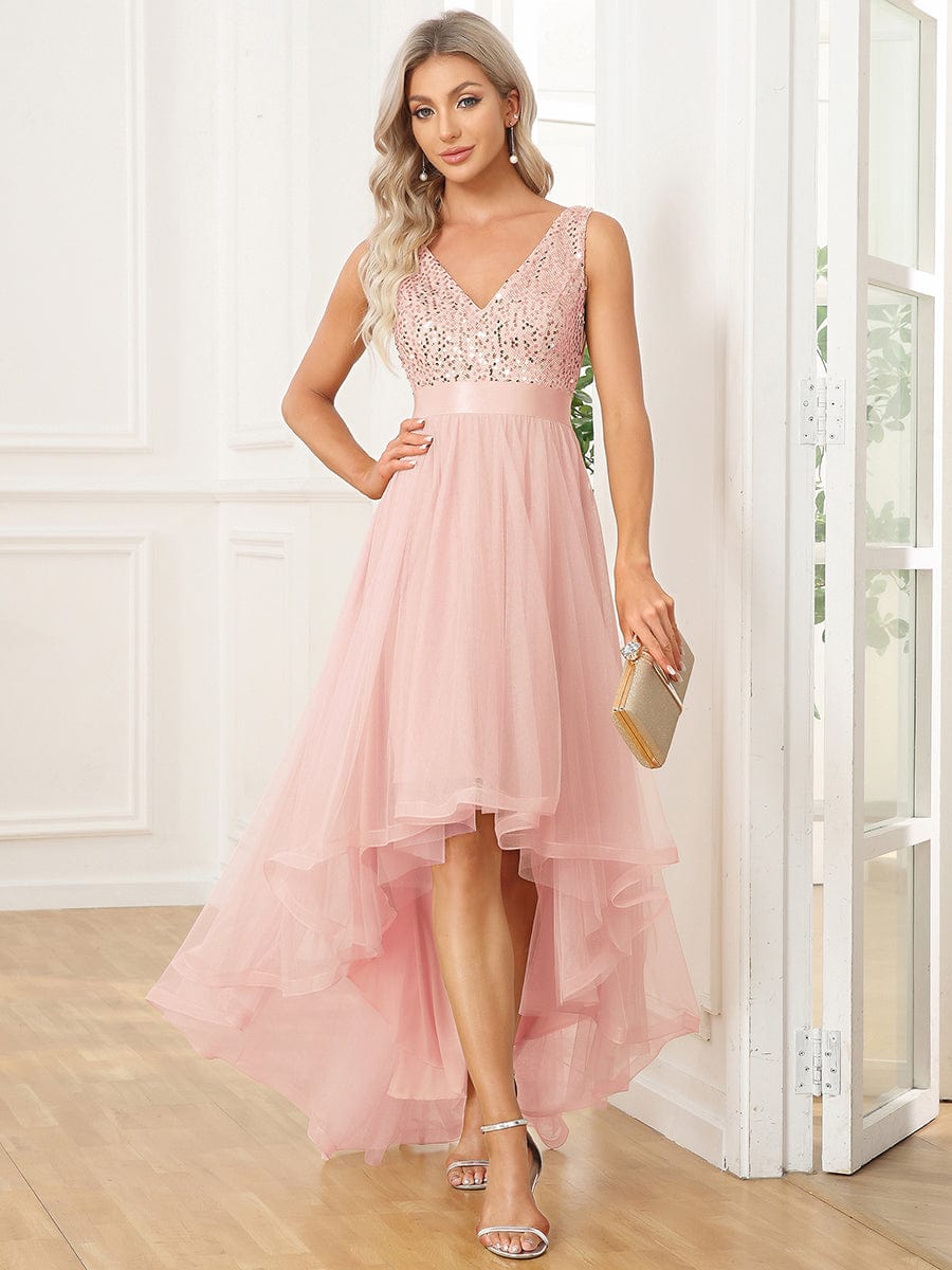 Evening Elegance: Sleeveless Sparkling Dress with Deep V Neck & Asymmetrical Hem - Image 7