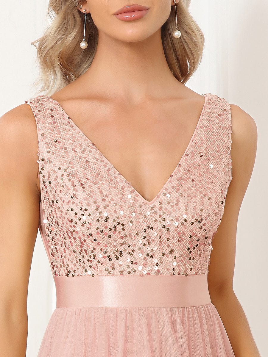 Evening Elegance: Sleeveless Sparkling Dress with Deep V Neck & Asymmetrical Hem - Image 11