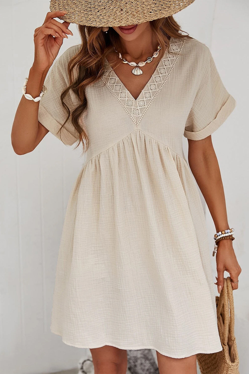 Casual Holiday Lace Stitching Waist V Neck Mini Dress - Image 9
