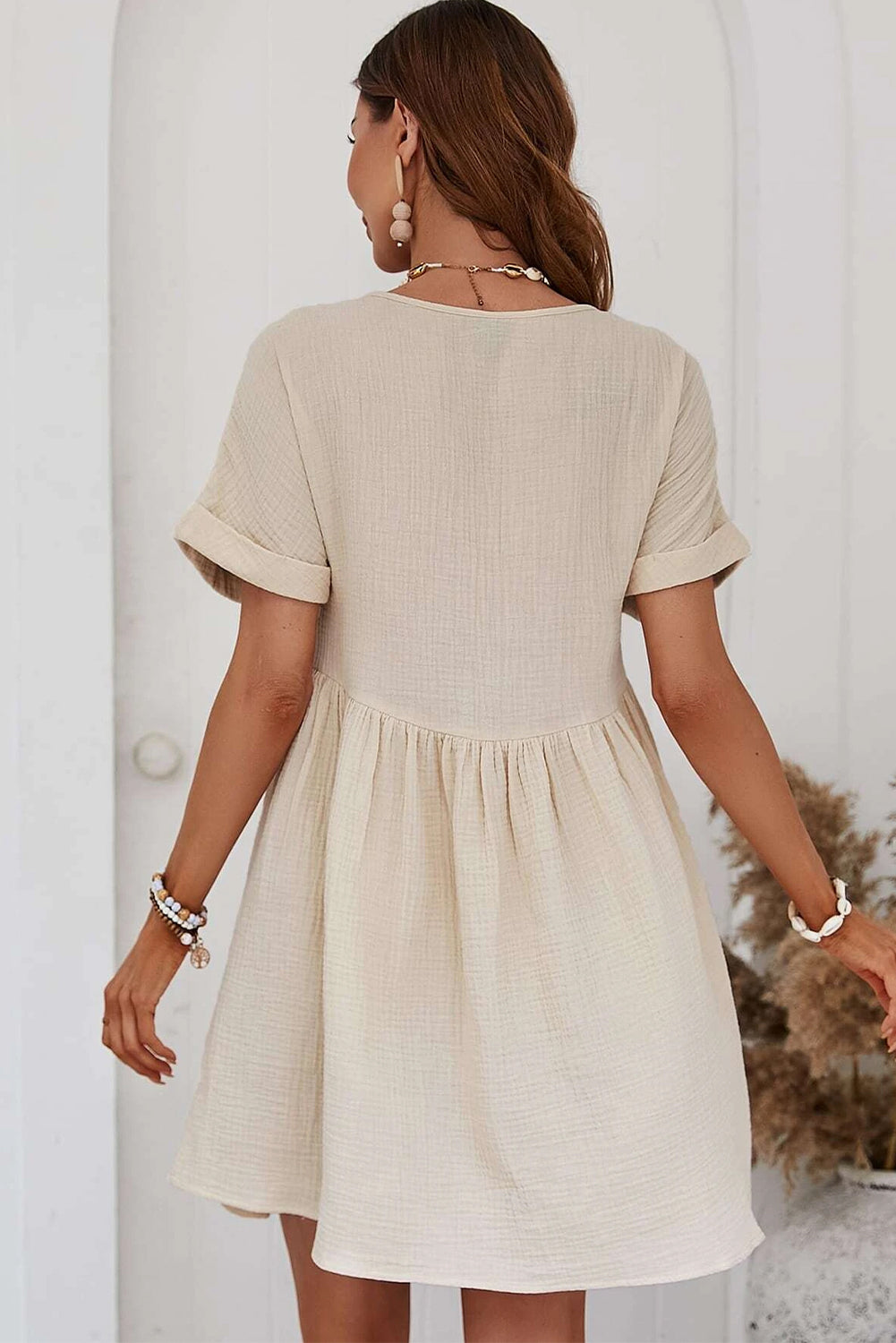 Casual Holiday Lace Stitching Waist V Neck Mini Dress - Image 3