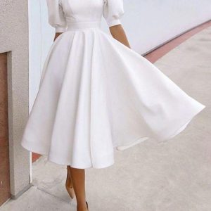 Fashion Solid Puff Mid Sleeve Big Swing Midi Dresses