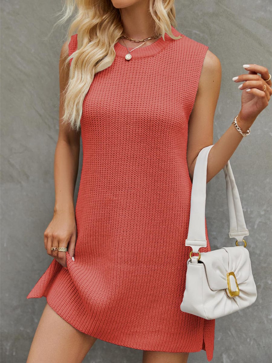 Fashionable Commuting Solid Color Round Neck Mini Dress - Image 8