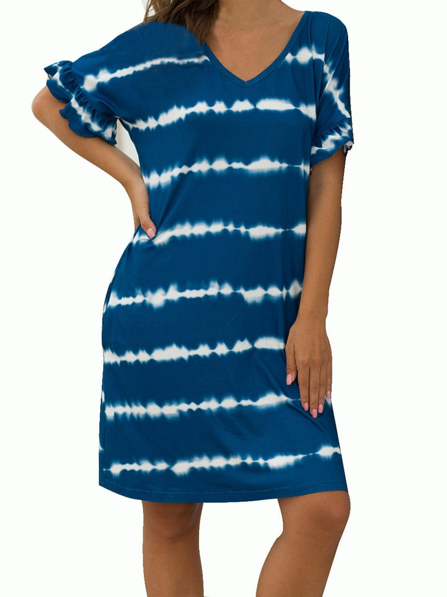 Fashionable Printed Loose Fit And Sweet Stitching Mini Dress - V-Neck - Circular Cap - Image 2
