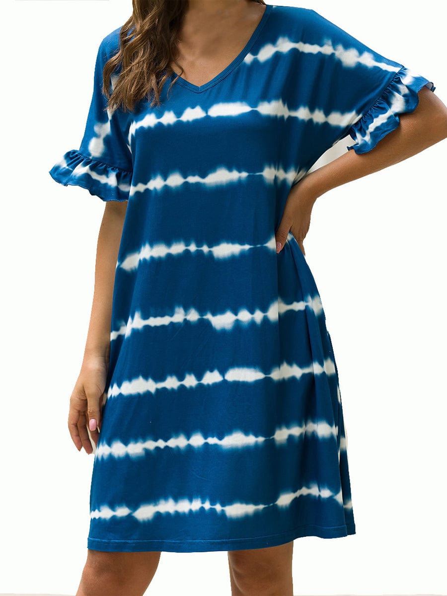 Fashionable Printed Loose Fit And Sweet Stitching Mini Dress - V-Neck - Circular Cap - Image 3