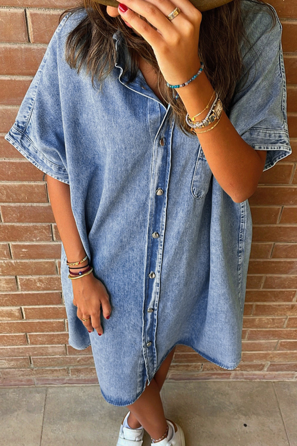 Denim Shirt Dress with Button Pockets - Image 7