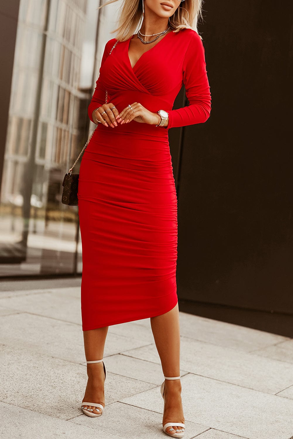 Fashion Solid Square Neck Long Sleeve Bodycon Dress - Image 9