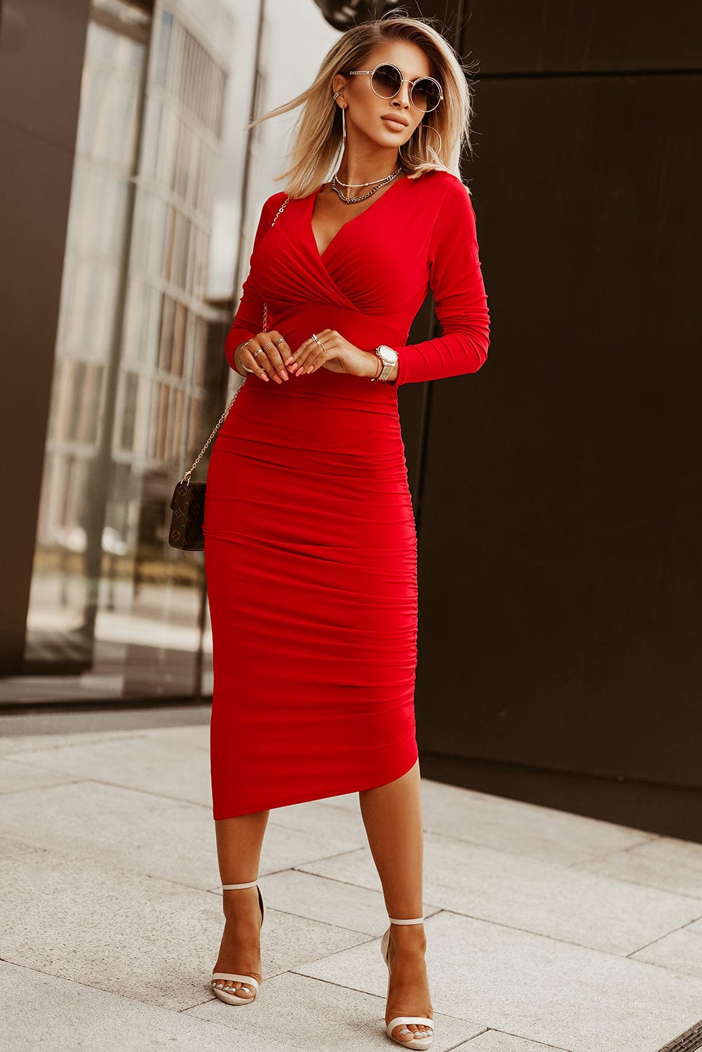 Fashion Solid Square Neck Long Sleeve Bodycon Dress