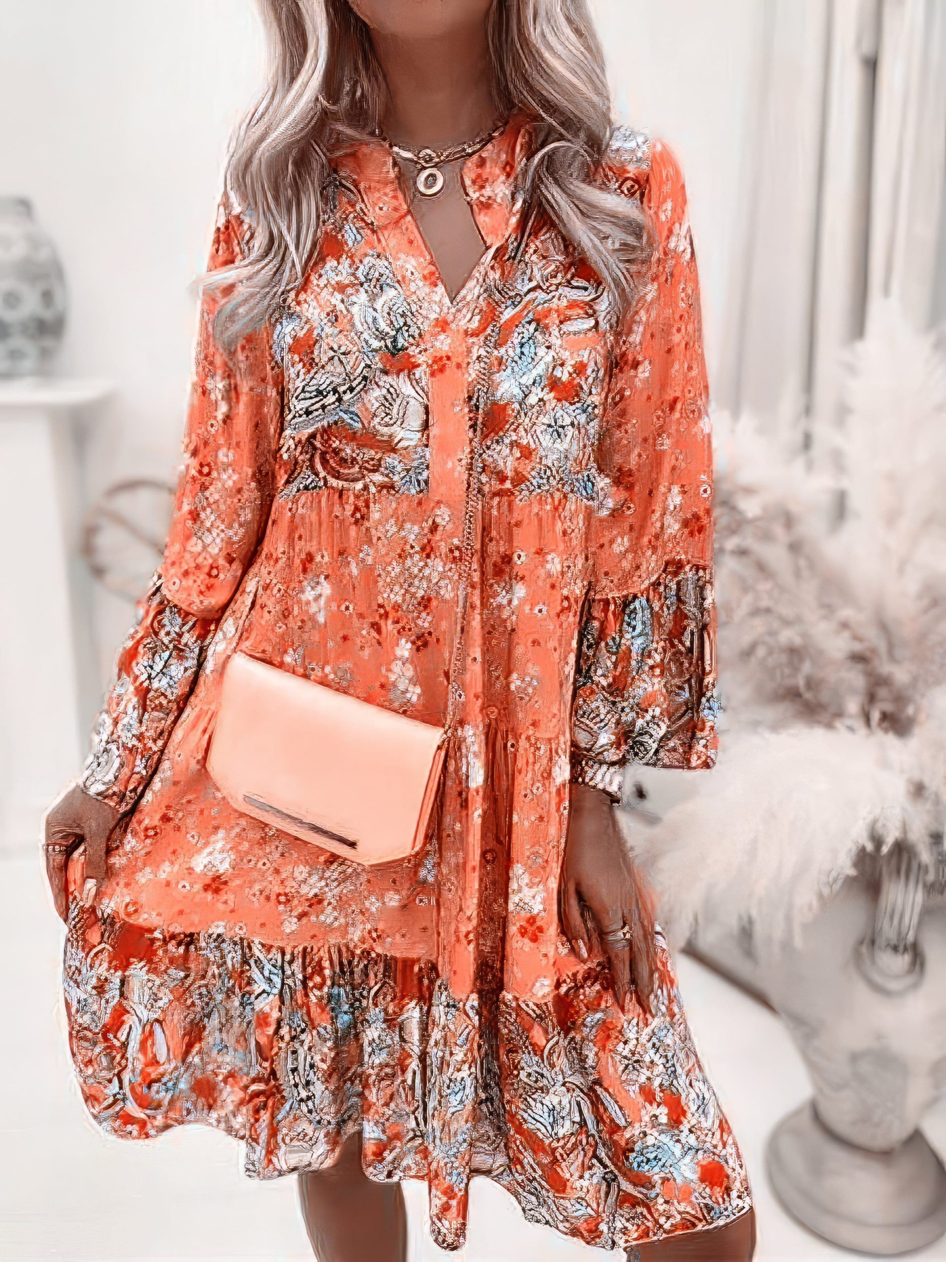 Floral Ruffle Smocked Print V Neck Casual Flare Cuff Sleeve Mini Dress - Image 2