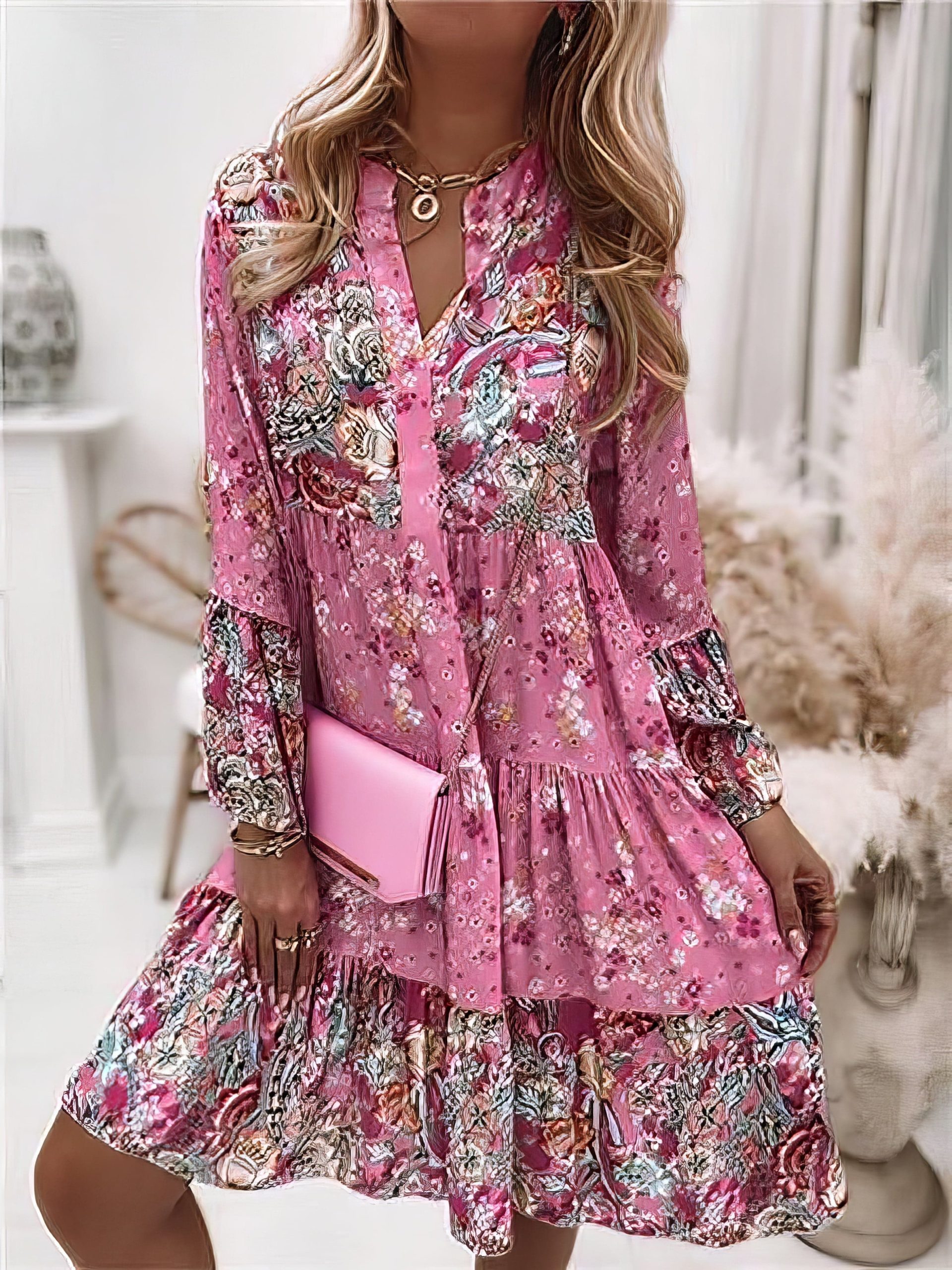 Floral Ruffle Smocked Print V Neck Casual Flare Cuff Sleeve Mini Dress - Image 4