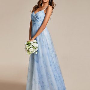 Floral Tulle Spaghetti Strap Dress with V-Neck for Evening Events