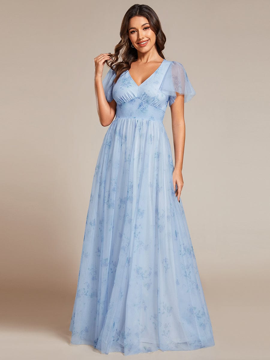 Floral Tulle V-Neck Short Sleeves Wholesale Evening Gown - Image 5