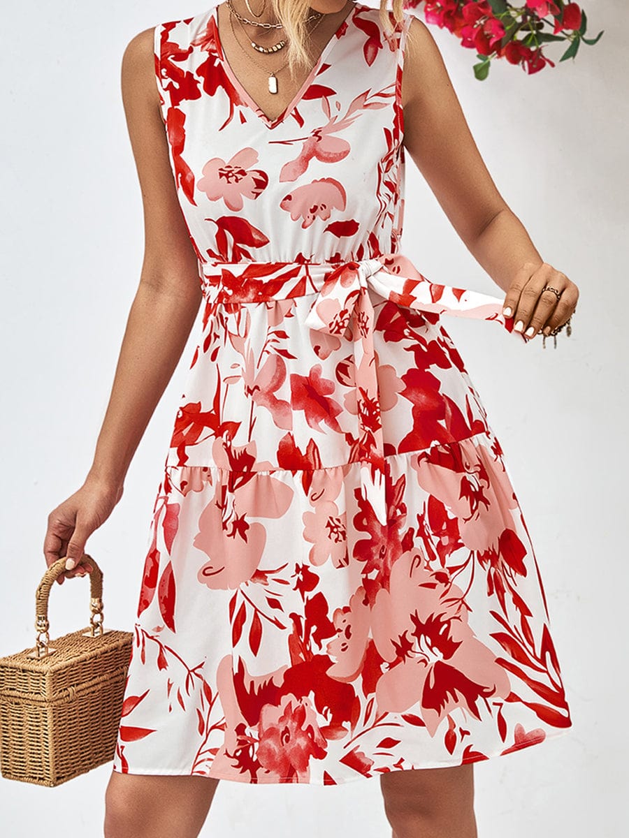 Floral V-Neck Tie Waist Sleeveless Mini Dress - Image 6