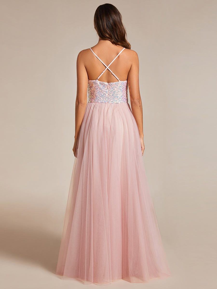 Glamorous Sequin and Tulle Spaghetti Strap Bridesmaid Gown with Thigh-High Slit - Image 5