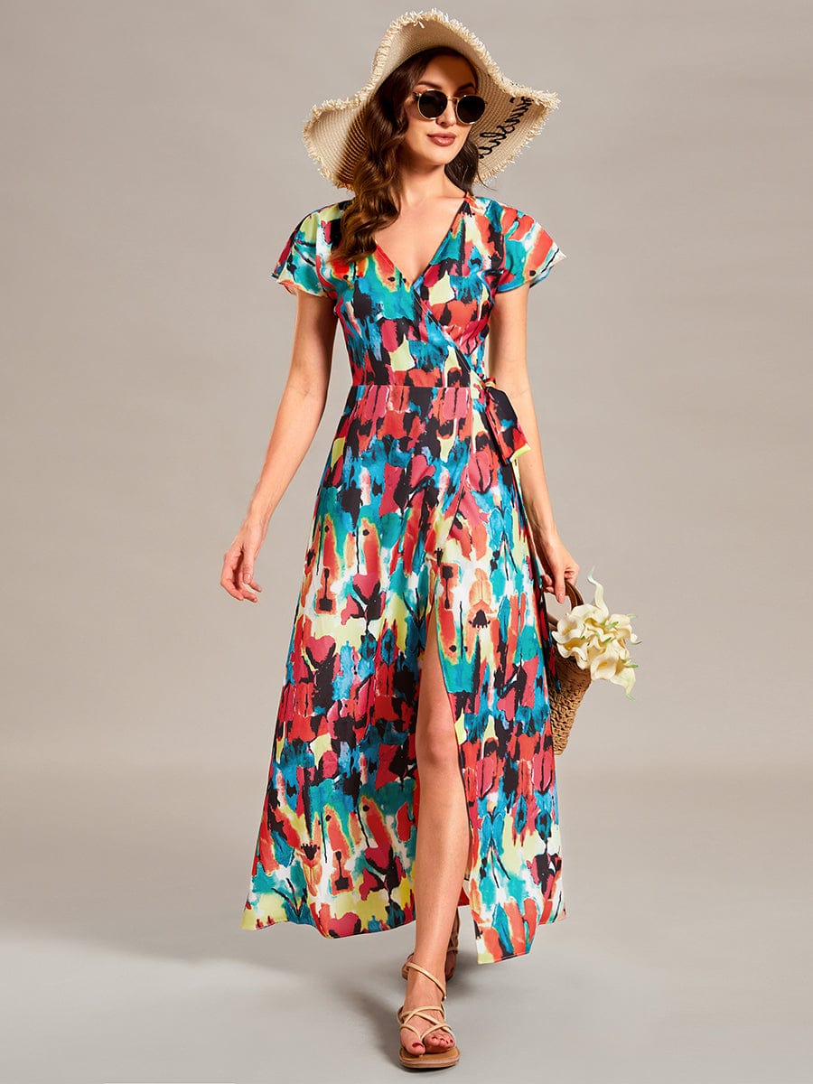V-Neck Printed Cocktail Dress with Side Split - Image 43