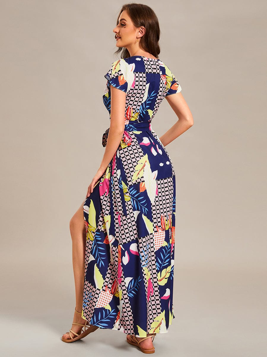 V-Neck Printed Cocktail Dress with Side Split - Image 49