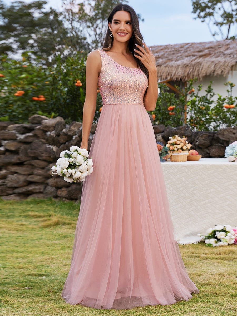 Regal One-Shoulder Sequin Tulle Bridesmaid Gown