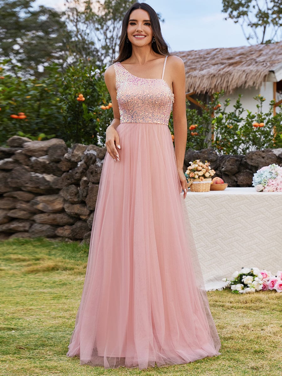 Regal One-Shoulder Sequin Tulle Bridesmaid Gown - Image 4